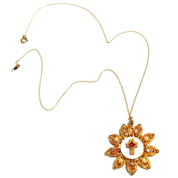 ANSON GOLD-TONE IRIDESCENT CRYSTAL & PEARL CROSS PENDANT 18" NECKLACE - Picture 9 of 9